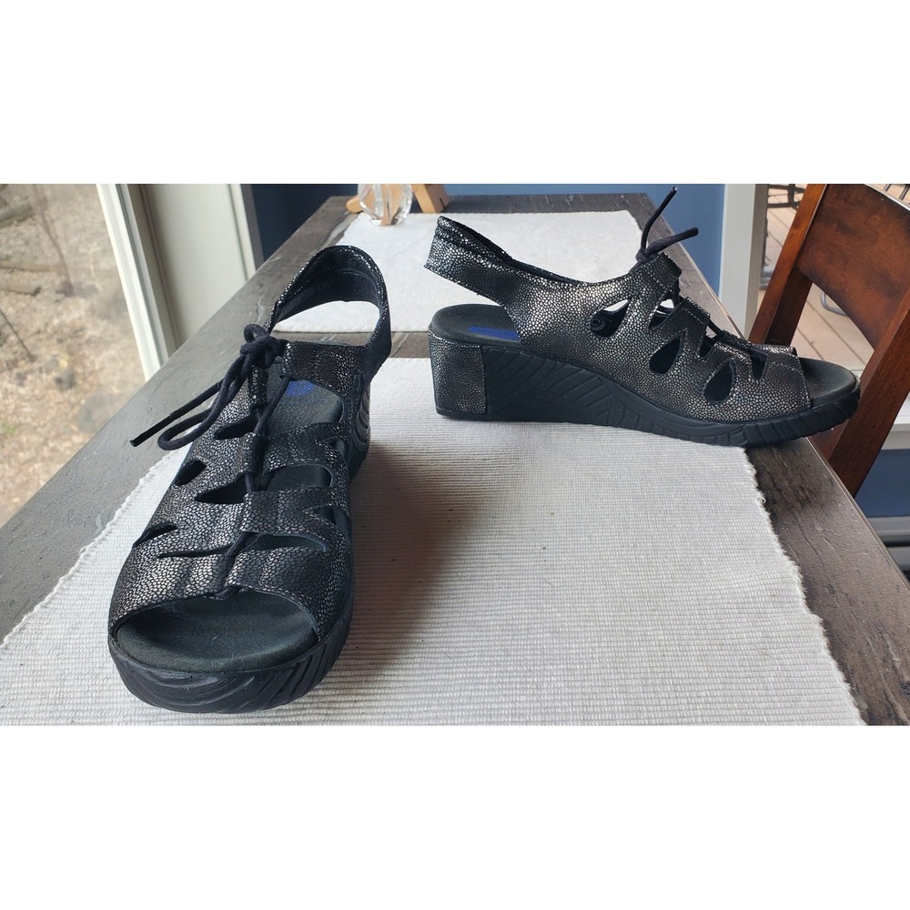 Wolky Black Metallic Pebbled Leather Lace Up Wedge Sandals Womens 41 - Picture 5 of 7